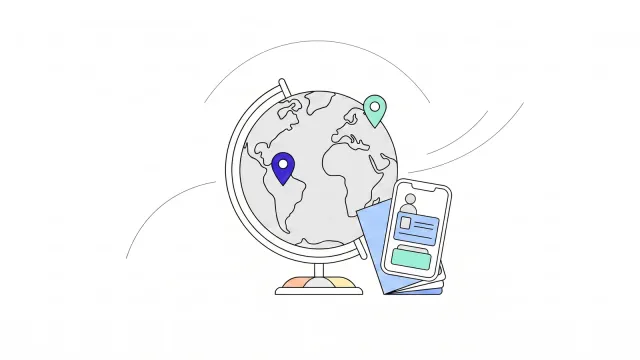 Illustration of a globe with two map pins and a passport and a digital identity wallet leaning against its stand.