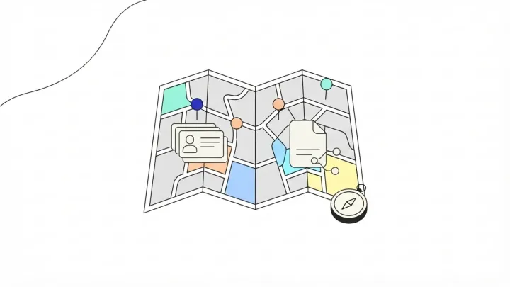 Illustration of a folded map with pins, identity cards and a document, and a compass beside it.