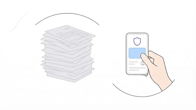 Illustration of a tall stack of paper forms set aside as a hand holds an EU Digital Identity Wallet on their mobile.