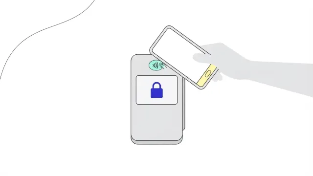 Illustration of a hand tapping a phone on a card terminal that shows a padlock.