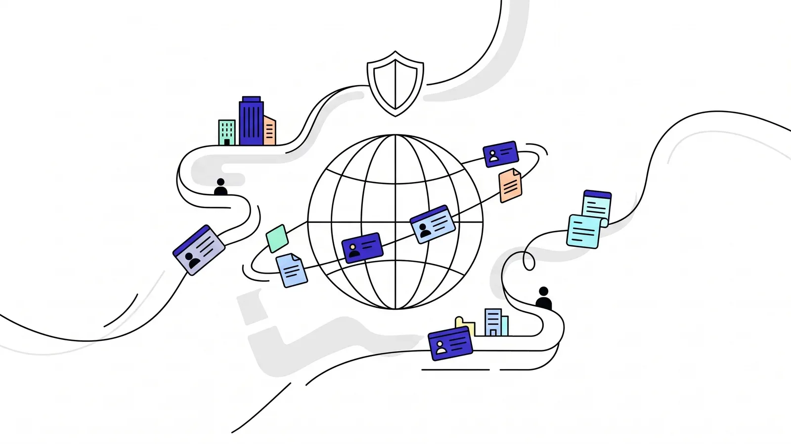 Illustration of a globe, with credentials flowing between buildings inside it.