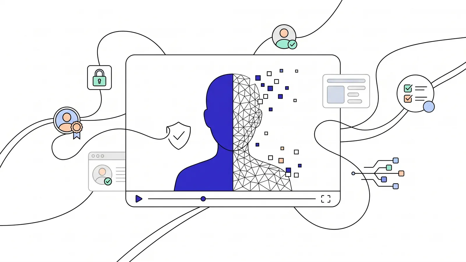 Illustration of a video screen split down a faceless speaker, one half real with a verified shield, the other dissolving into synthetic pixels.