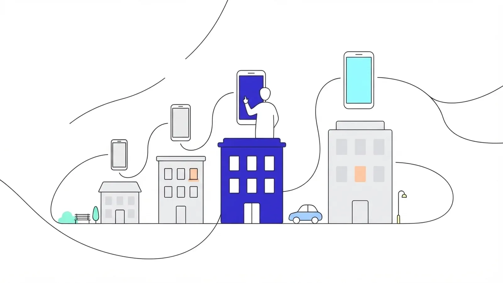 Illustration of a row of buildings growing in size, each with a larger phone above it, and a person on the indigo building tapping a phone, linked by flowing lines.