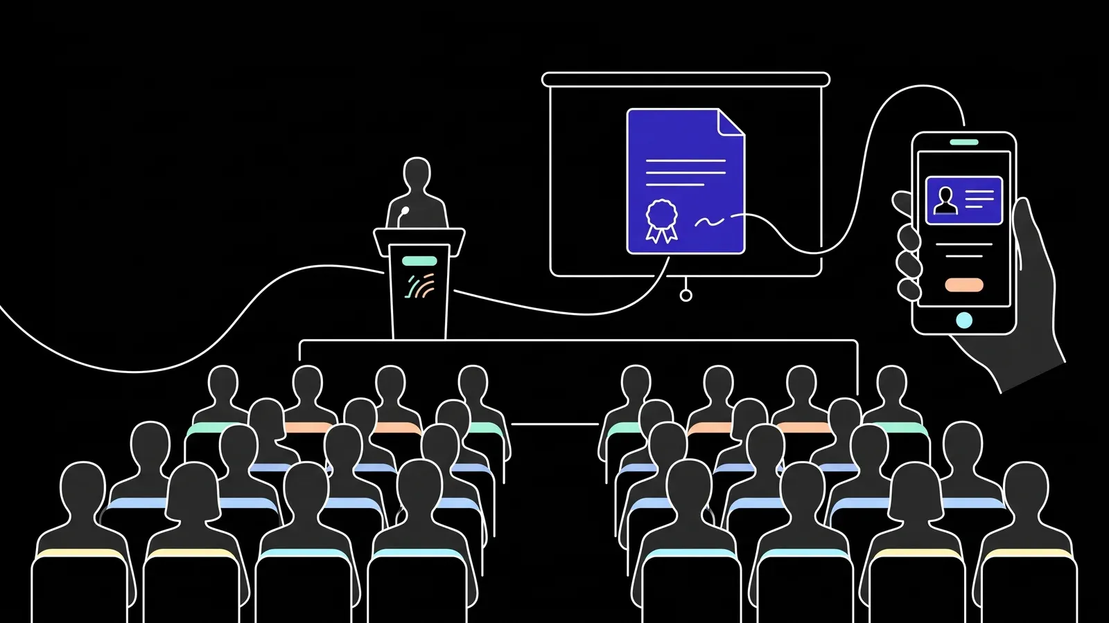 Illustration of a conference audience of faceless silhouettes watching a speaker present a document linked to a phone credential.