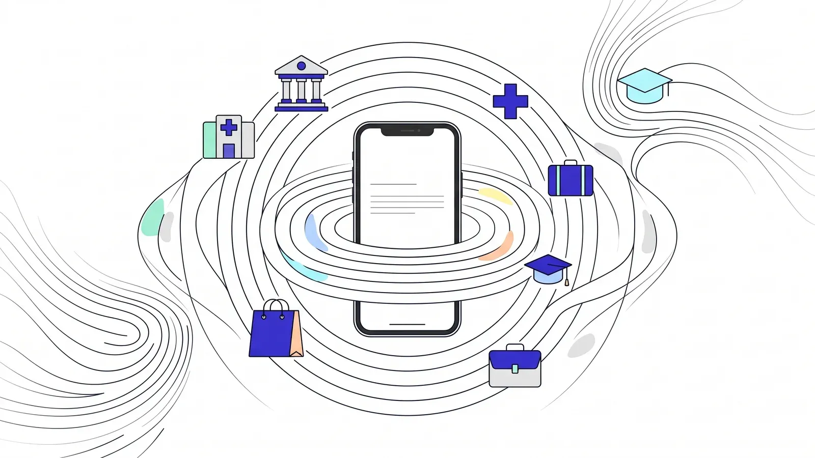 Illustration of a phone sending flowing rings out to icons for banking, healthcare, travel, shopping, education and work.