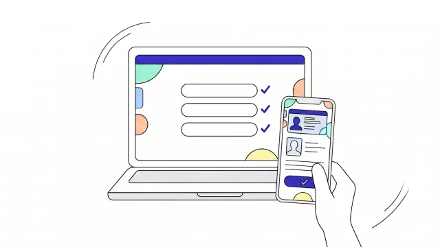 Illustration of a laptop sign-up form with every field ticked, as a hand holds up an EU Digital Identity Wallet on their mobile to the screen.