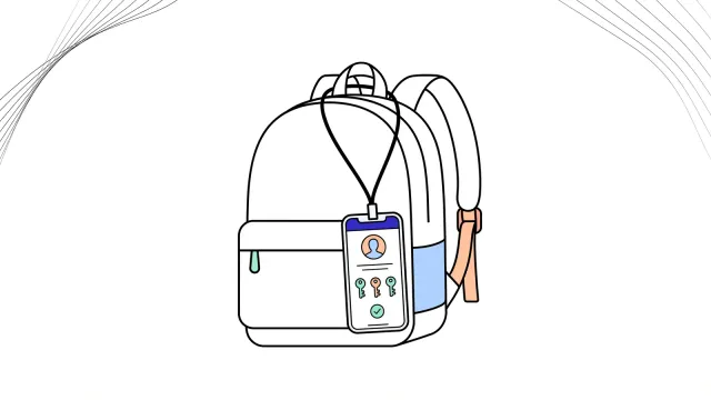 Illustration of a school backpack with a digital student credential hanging from a lanyard.