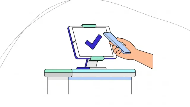 Illustration of a reception desk tablet showing a tick as a hand holds a phone up to it.