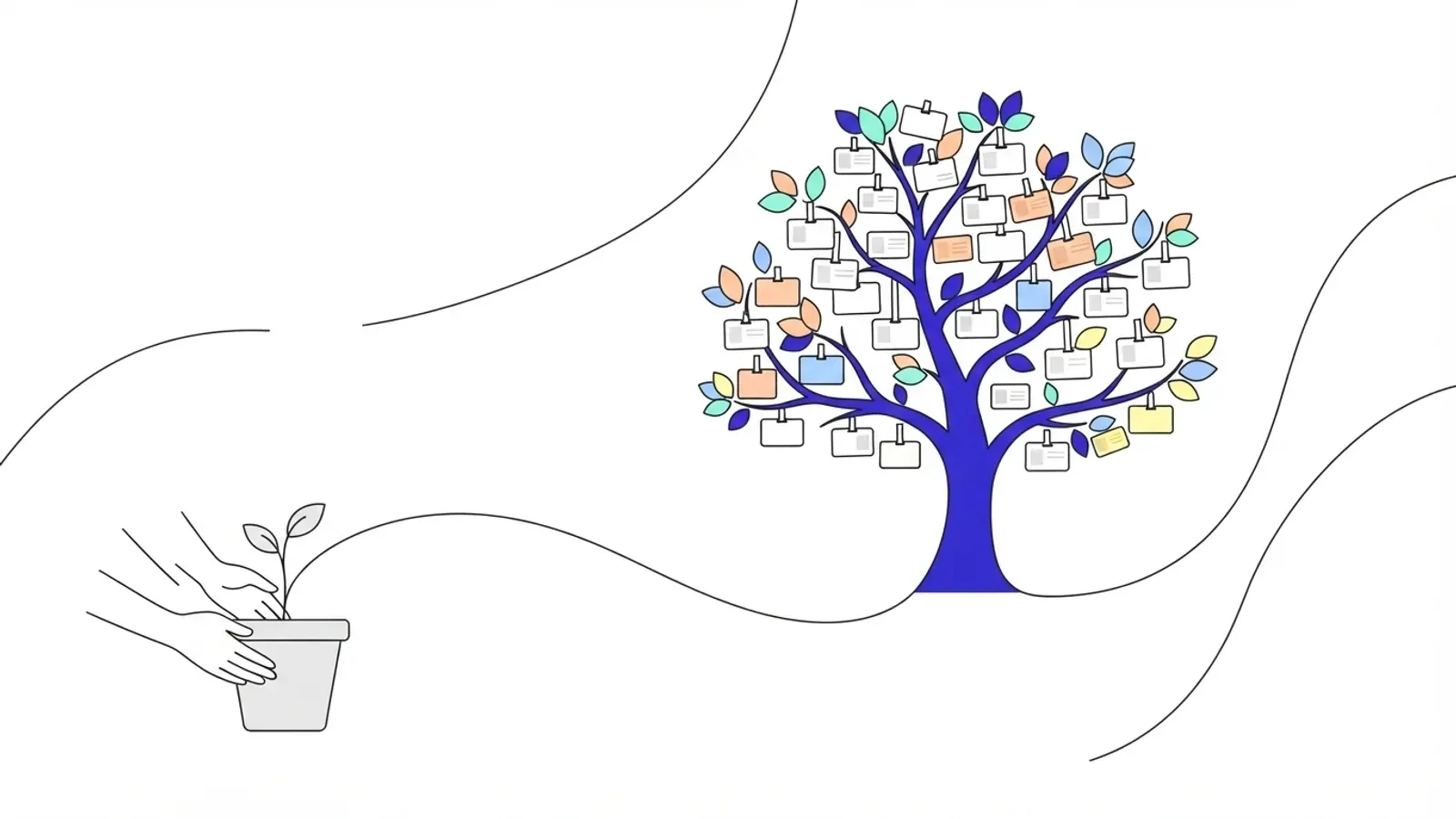 Illustration of hands planting a seedling in a pot, with a flowing line leading to a full-grown tree hung with credential cards.
