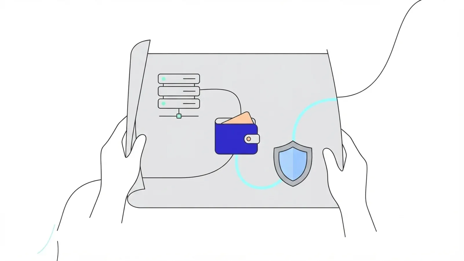 Illustration of two hands holding a blueprint that maps a server connecting to a wallet and then a shield.