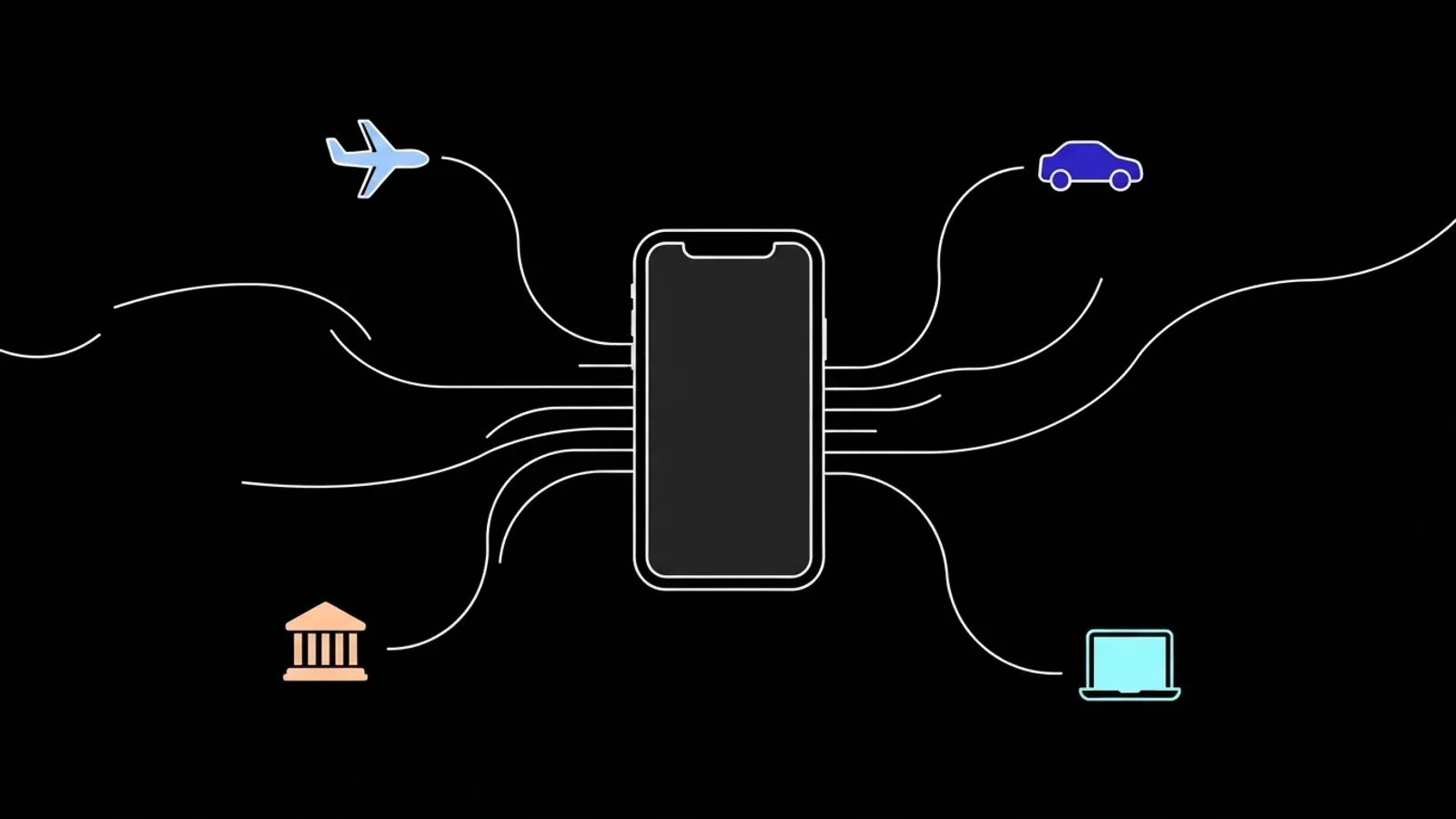 Illustration of a phone at the centre of flowing lines that connect it to a plane, a car, a bank and a laptop.