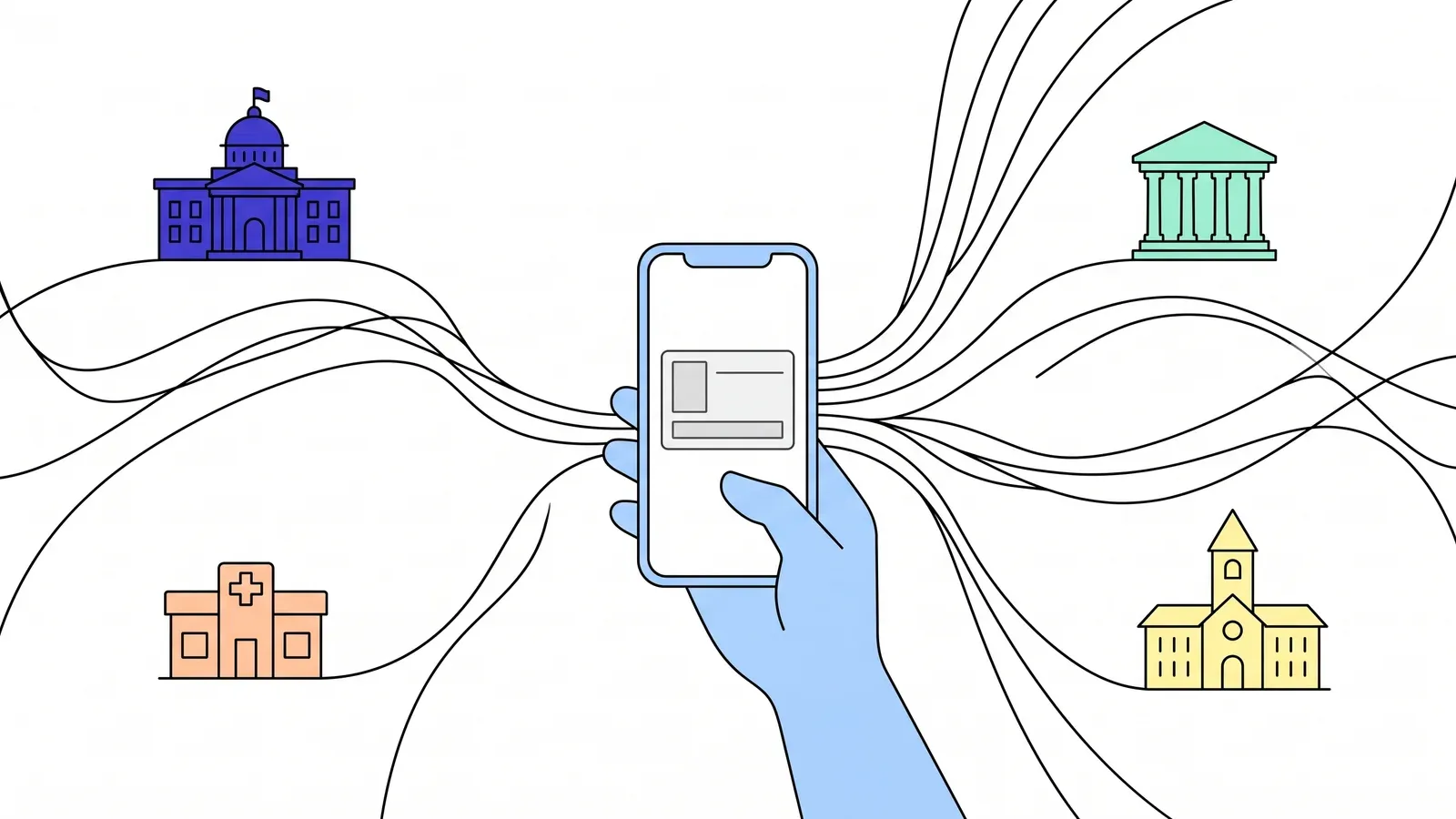 Illustration of a hand holding a phone connected by flowing lines to a town hall, a bank, a clinic and a university.