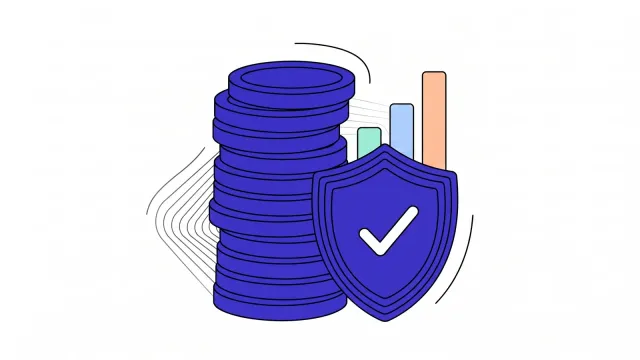 Illustration of a stack of coins protected by a shield with a tick, with a small bar chart behind.