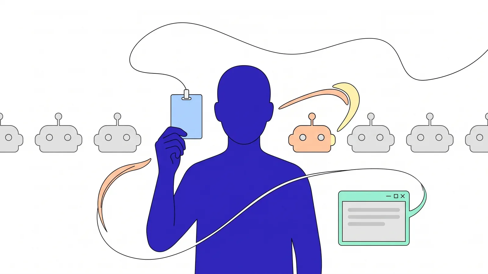 Illustration of a faceless human silhouette holding up a credential among a row of robot heads.
