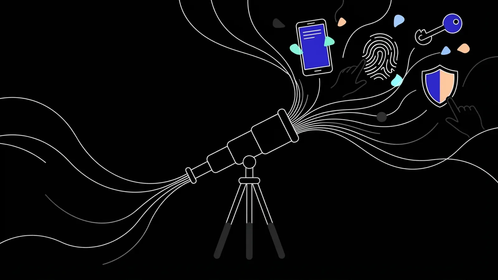 Illustration of a telescope with flowing lines fanning out towards a phone, a fingerprint, a key and a shield.