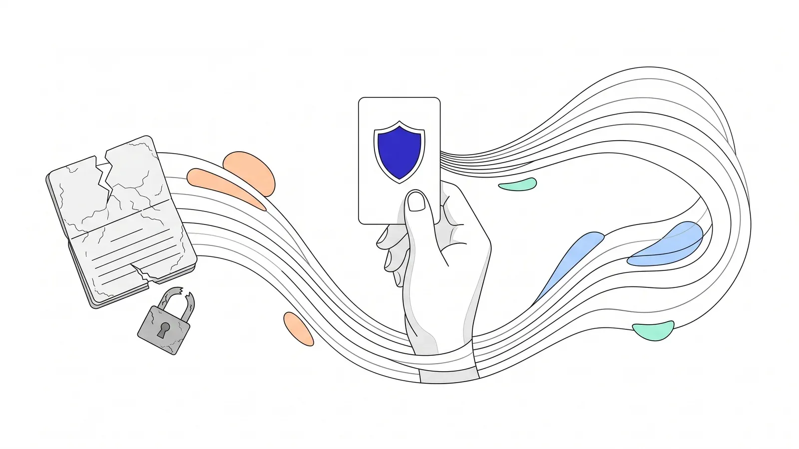 Illustration of a cracked document and a broken padlock giving way to a single credential card held in a hand.