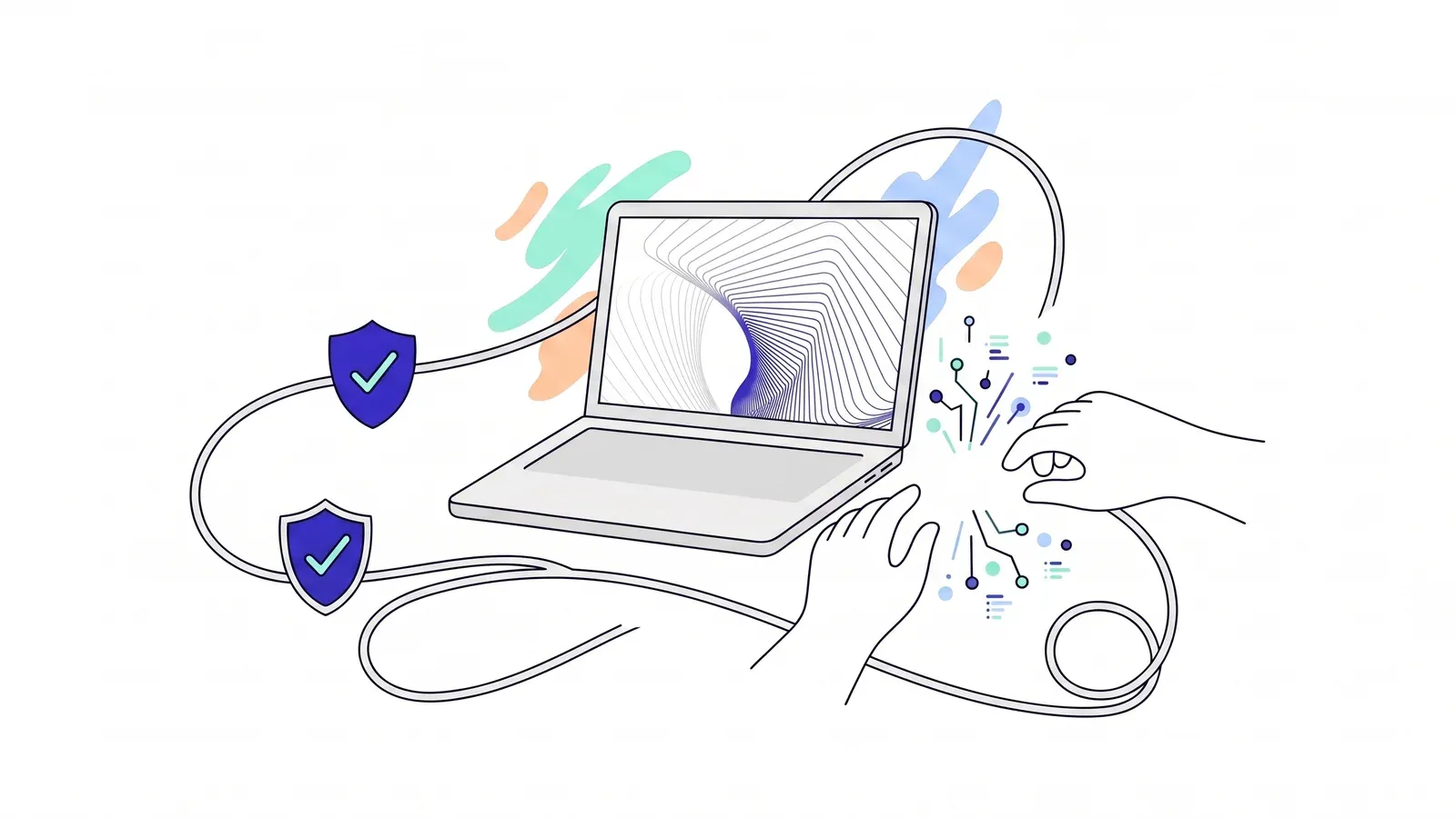Illustration of two hands making digital connections beside a laptop, with a cable linking it to two ticked shields.