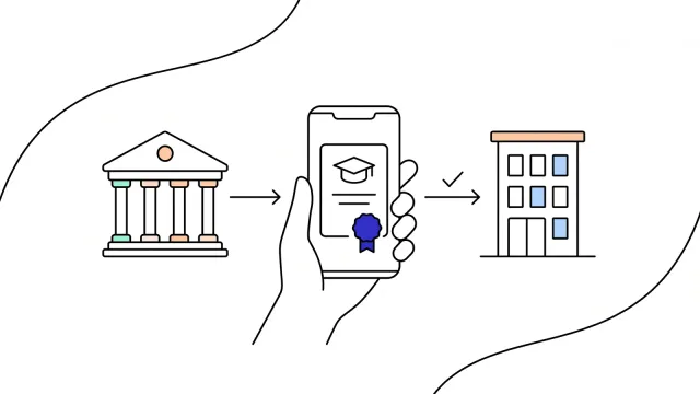 Illustration of a credential issued by a university to a phone wallet and shared on to an employer.