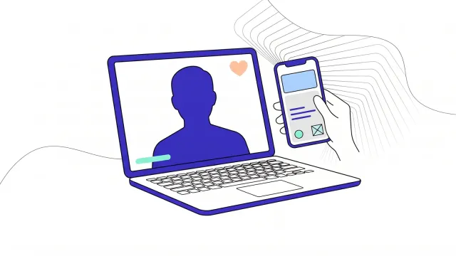 Illustration of a video consultation on a laptop, as a hand holds up a phone with a health credential.