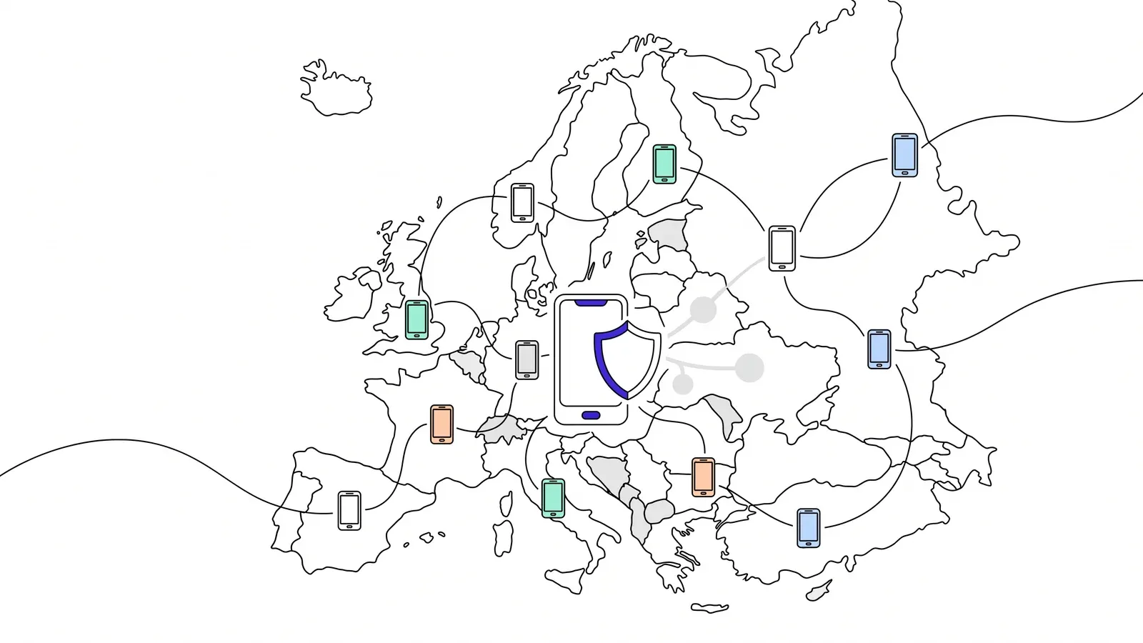 Illustration of a map of Europe dotted with phones joined by flowing lines, with a larger phone and shield at the centre.