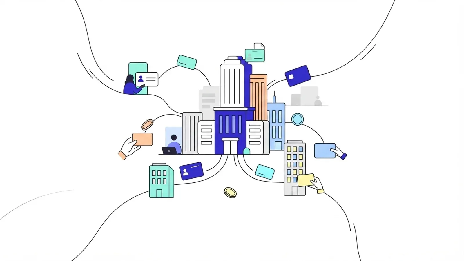Illustration of a cluster of tall corporate buildings with hands, credential cards and coins moving along flowing lines around it.