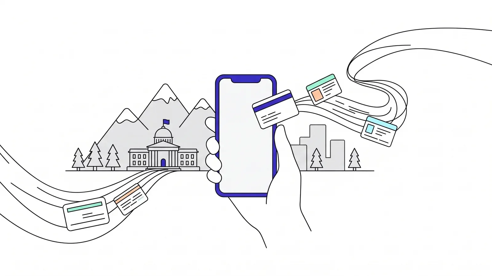 Illustration of a phone receiving permit and licence cards from a government building set among mountains and pine trees.