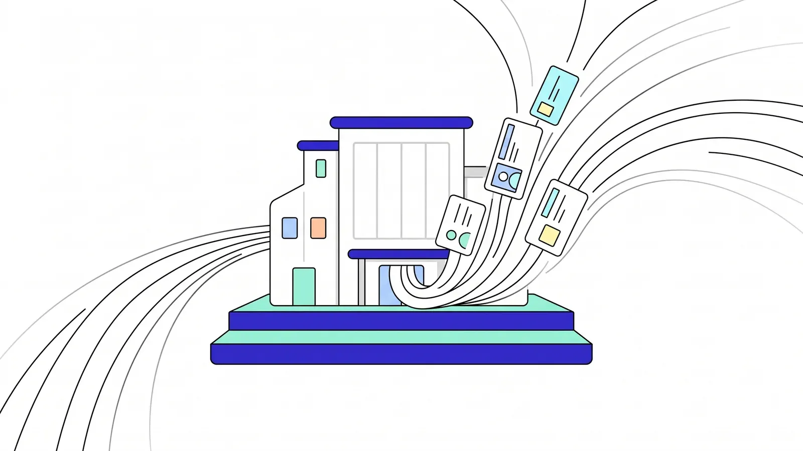 Illustration of office buildings on a two-layer platform, with credential cards flowing into them along sweeping lines.