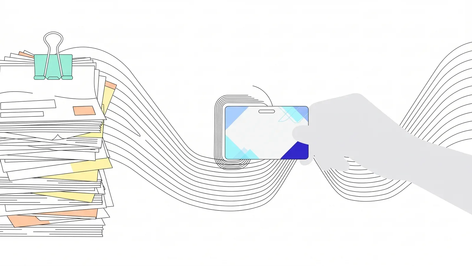 Illustration of a tall stack of clipped paper documents giving way, along flowing lines, to a single credential card held in a hand.