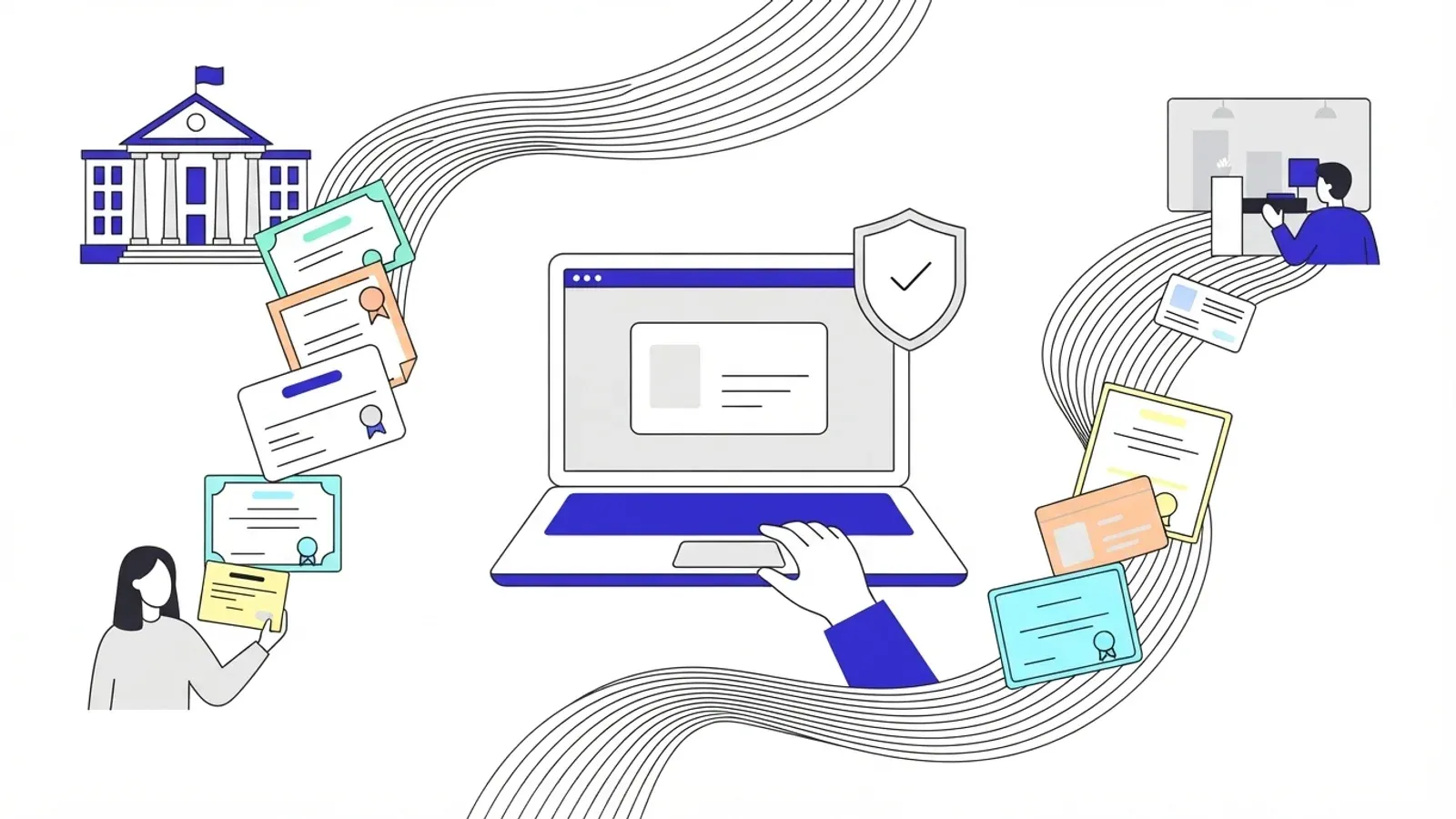 Illustration of certificates flowing from a university and a graduate to a laptop with a verified shield, then on to an employer at a desk.