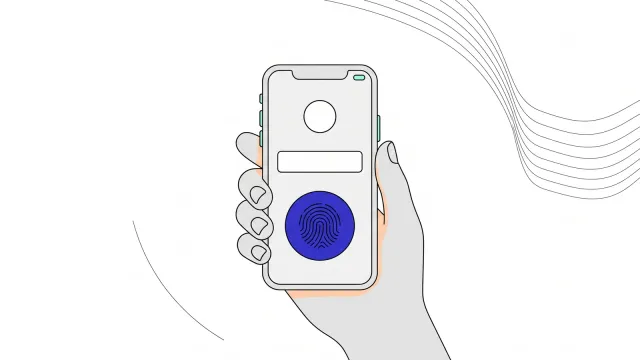 Illustration of a hand holding a phone showing a payment approval with the payee, the amount and a fingerprint button.