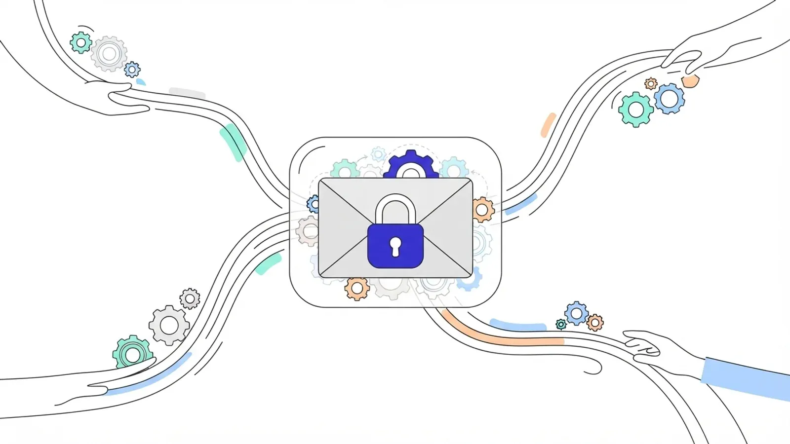 Illustration of a sealed envelope with a padlock surrounded by gears, with four hands at the ends of flowing lines working on it from outside.