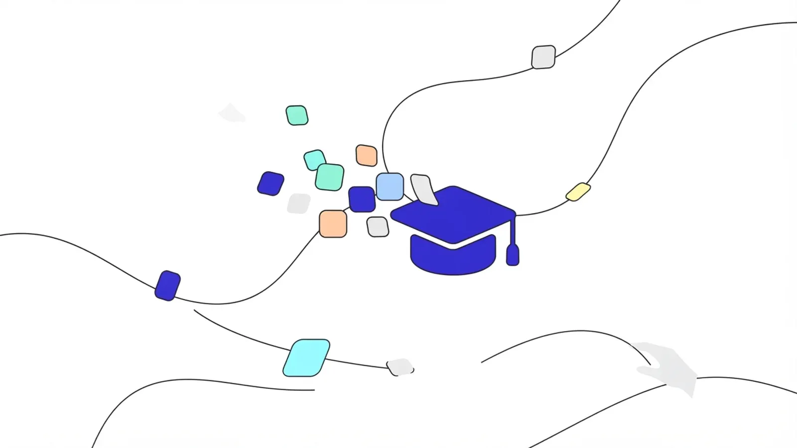 Illustration of colourful module tiles gathering into a graduation cap, with more tiles travelling towards it along flowing lines.
