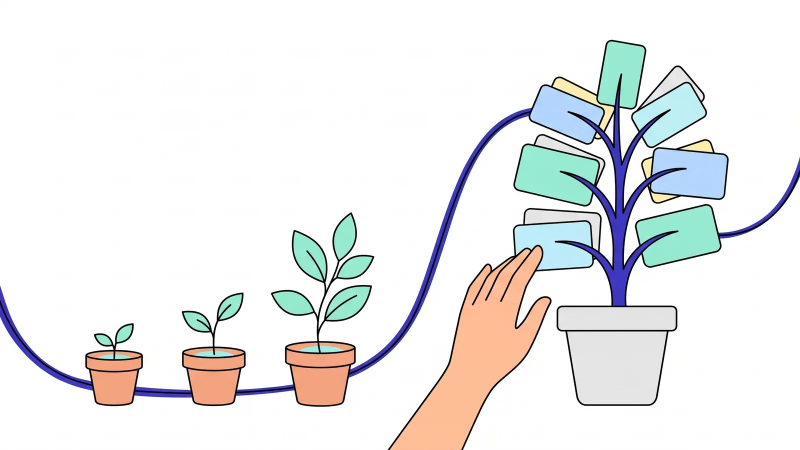 Illustration of potted seedlings growing larger along a flowing line into a mature plant whose leaves are credential cards, with a hand reaching for one.