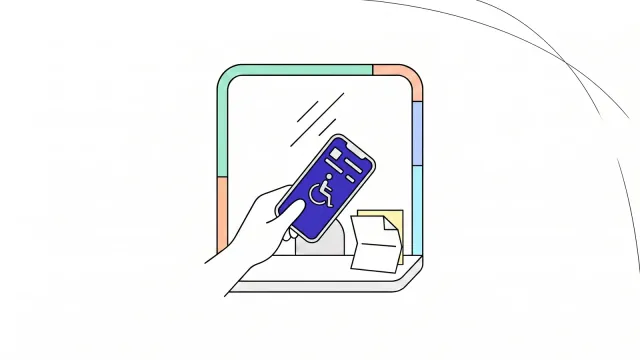 Illustration of a hand passing a phone showing a disability credential through a ticket booth window.