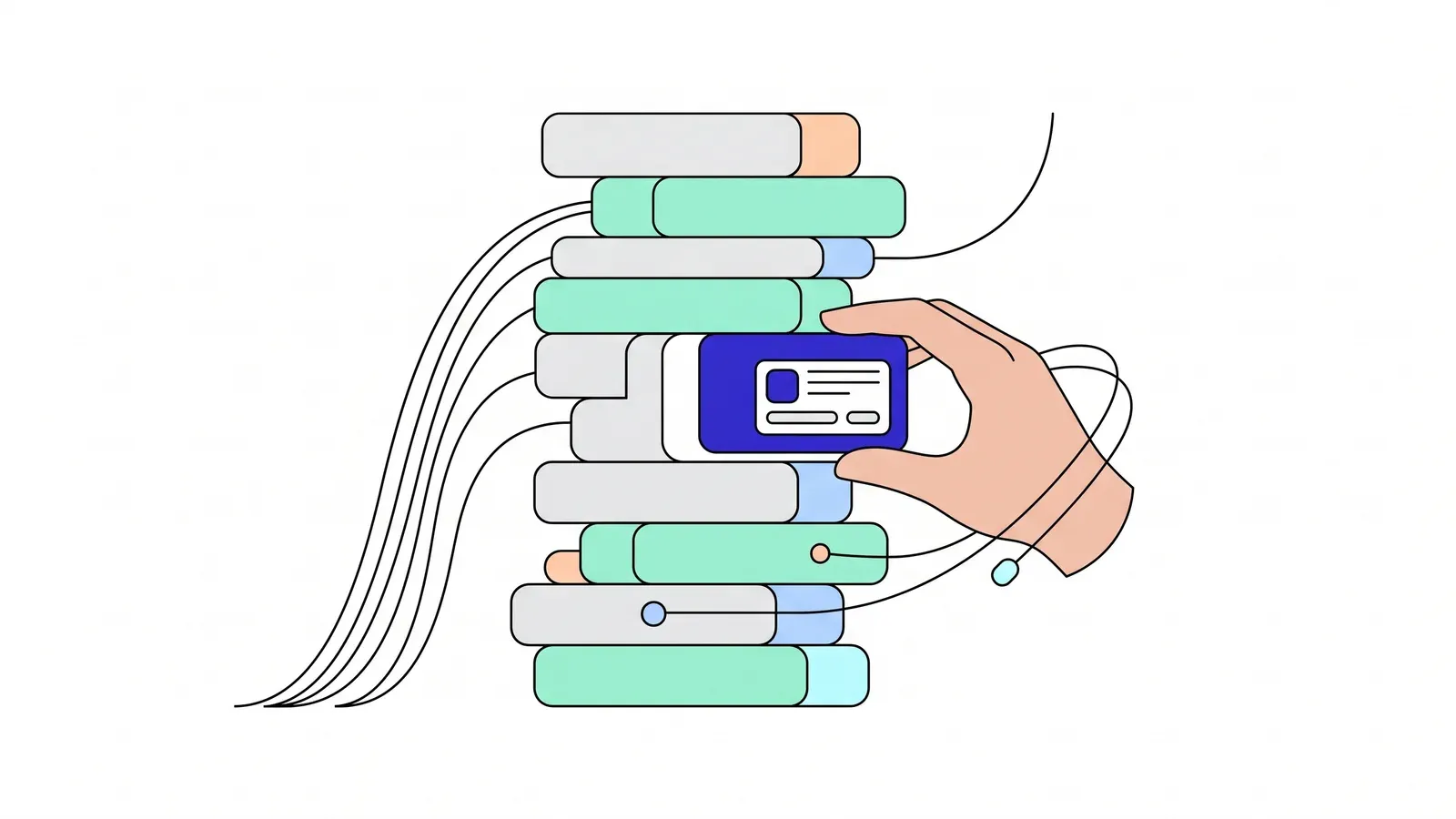 Illustration of a hand sliding a new credential block into a stack of existing identity and access management blocks.