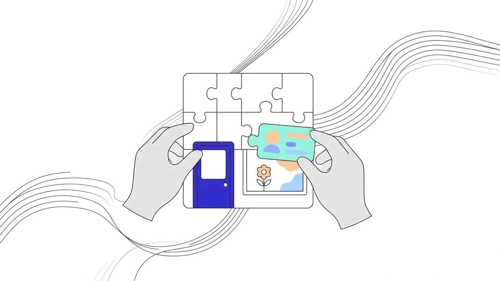 Illustration of two hands fitting an ID credential piece into the last gap of a jigsaw showing a door and a window.