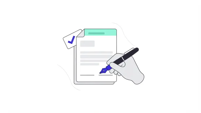 Illustration of a hand signing a document with a pen, with a ticked tag clipped to the page.