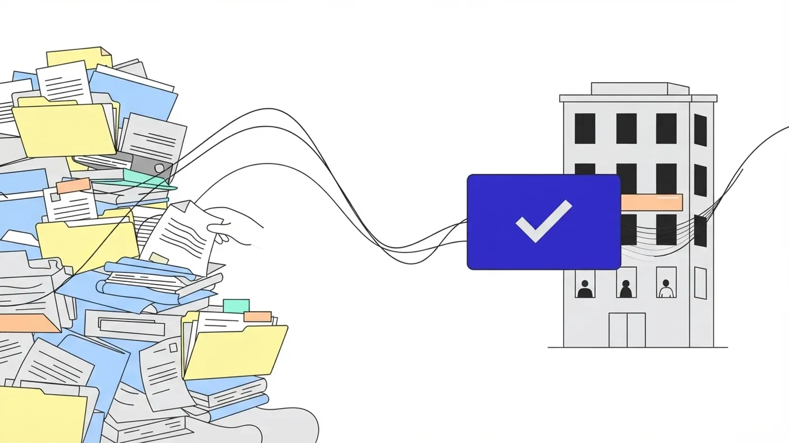 Illustration of a heap of paper files and folders giving way, along flowing lines, to a single verified credential with a tick arriving at an office building.