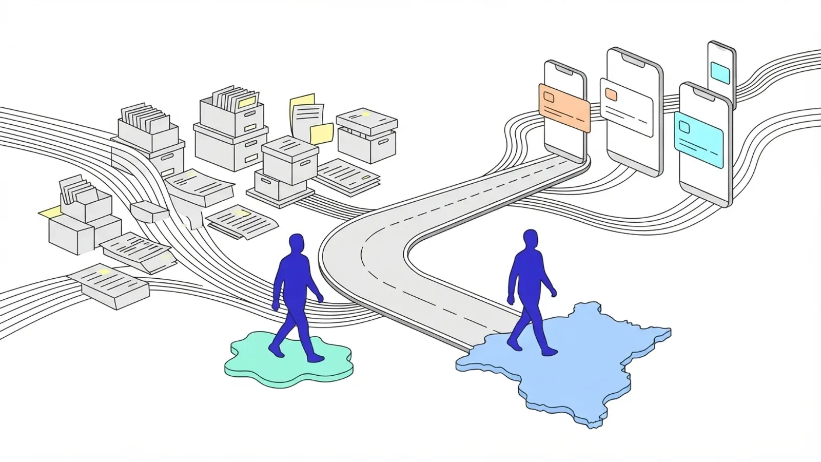 Illustration of two figures, on a UK island and an EU landmass, joining a road that bends away from stacks of paper files towards phones showing credentials.