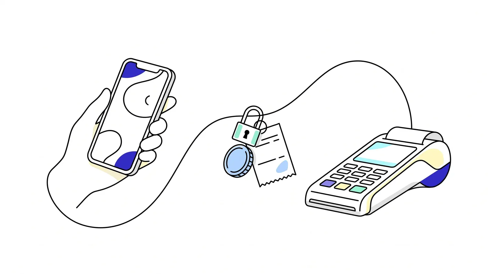 Illustration of a phone linked to a payment terminal by a flowing line that passes through a padlock joining a coin and a receipt.