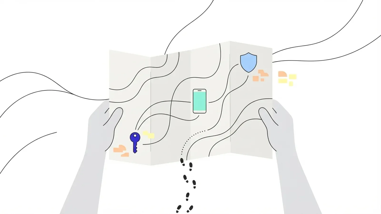 Illustration of two hands holding an open map, with footprints leading onto winding paths that connect a key, a phone and a shield.