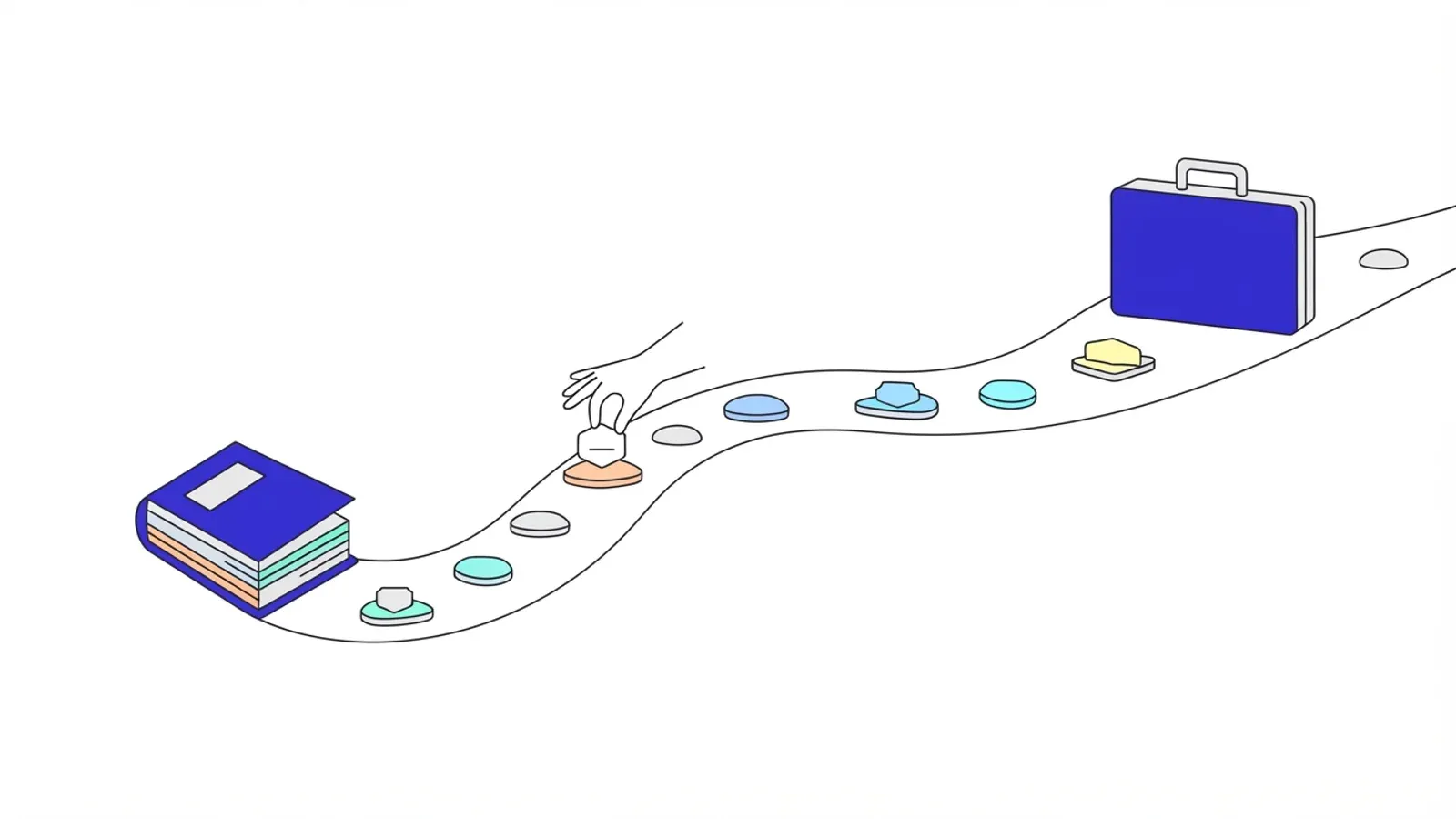 Illustration of a winding path of stepping stones from a book to a briefcase, with a hand placing a badge on one of the stones.