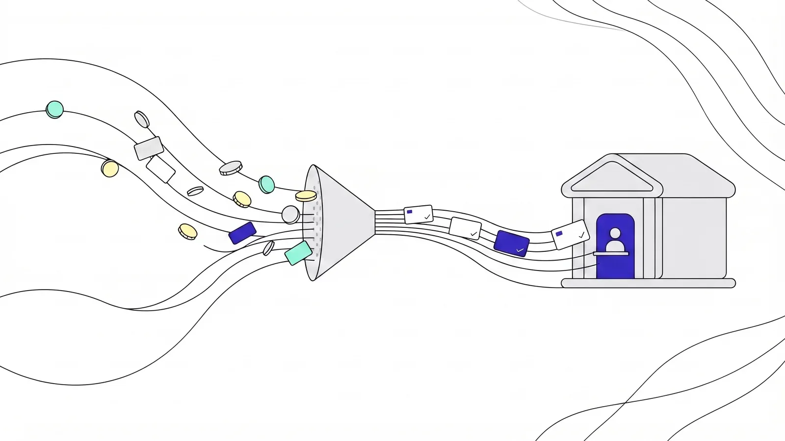Illustration of coins and credentials flowing through a funnel, with only verified credentials carrying on into a bank.