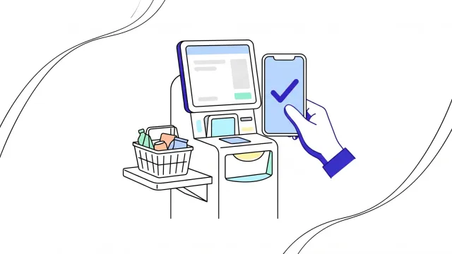 Illustration of a hand presenting a mobile wallet with only a tick to a self-service checkout.