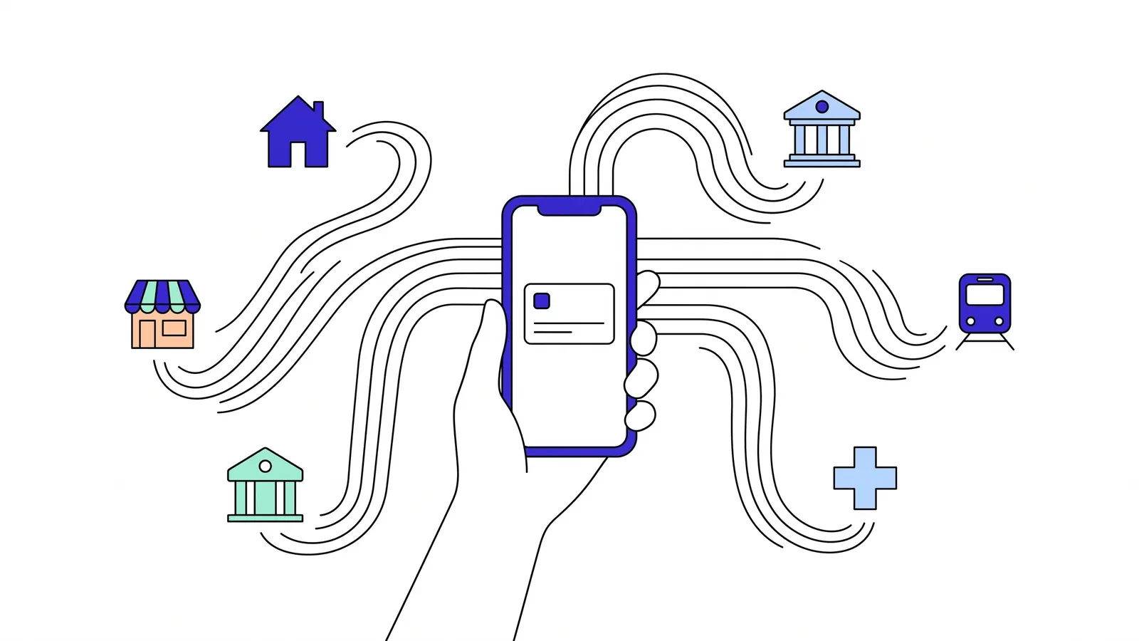 Illustration of a hand holding a phone, connected by flowing lines to a home, a shop, a bank, a train and a pharmacy.