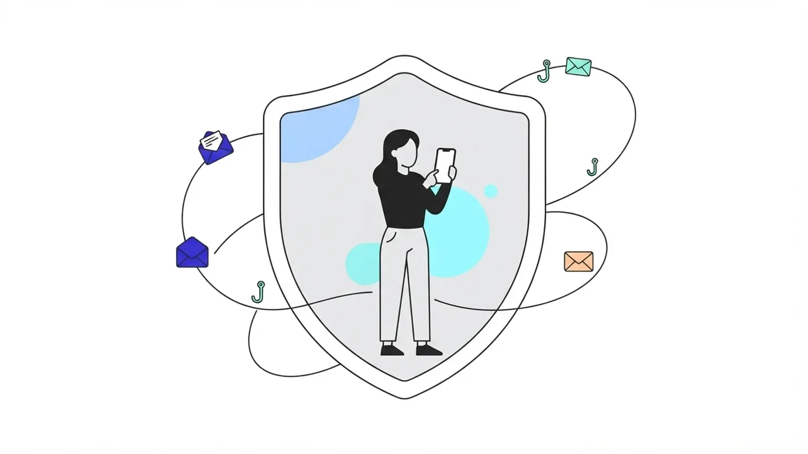 Illustration of a person using a phone inside a large shield, while phishing hooks and emails circle around outside it.