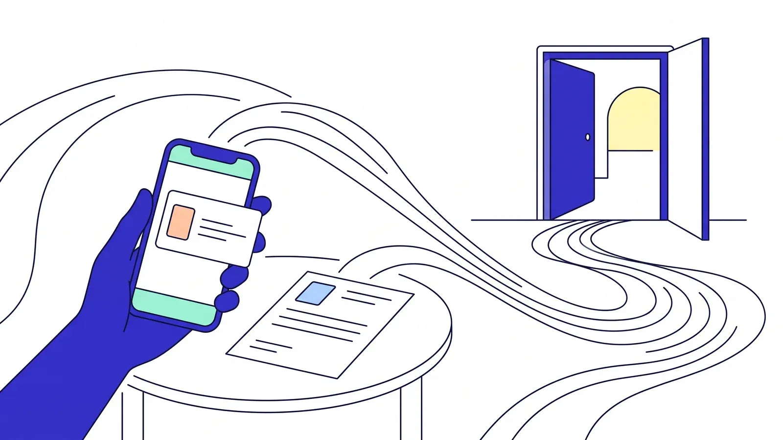 Illustration of a phone wallet and a paper document both leading along flowing lines to the same open door.