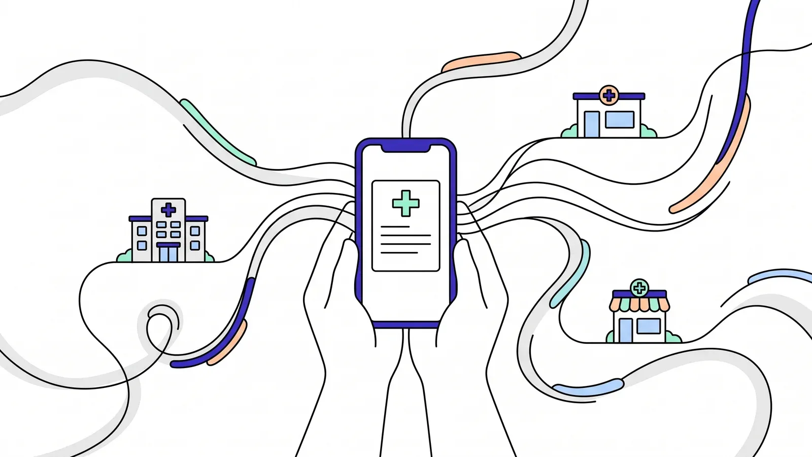 Illustration of hands holding a phone with a medical record, linked by flowing lines to a hospital, a clinic and a pharmacy.