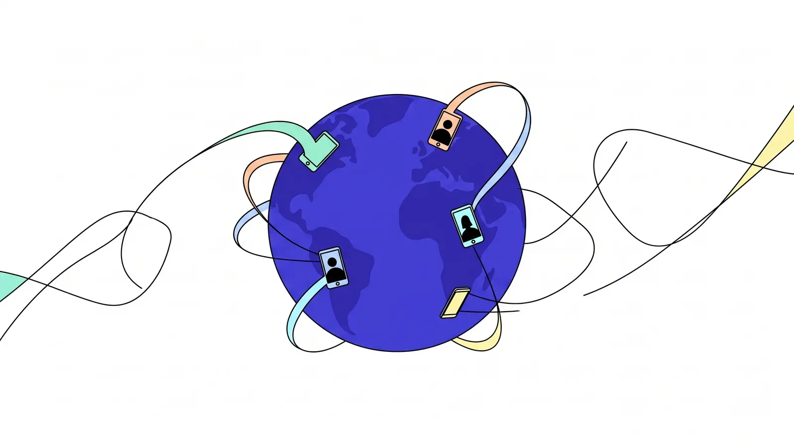 Illustration of a globe with five phones on its surface joined by flowing lines that wrap around it.