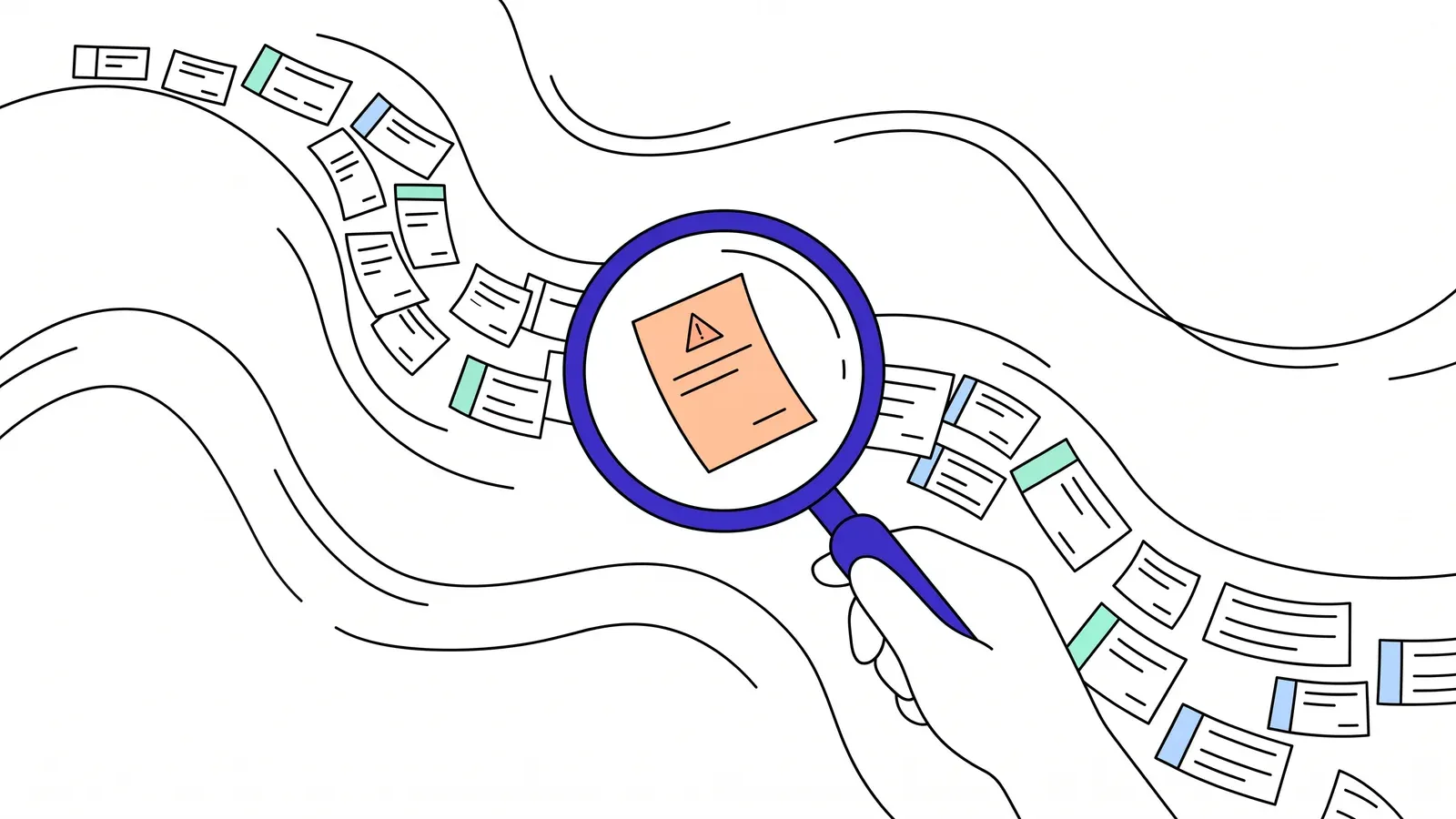 Illustration of a magnifying glass over a stream of transaction slips, picking out one suspicious slip.